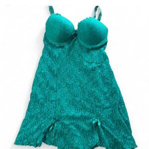 Teal lace babydoll slip dress with bra cups